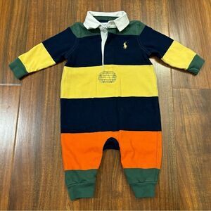 Ralph Lauren Navy, Yellow & Orange Striped Rugby Romper